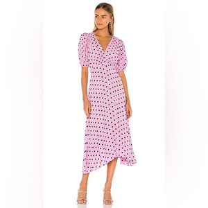 Faithful the Brand Vittoria Midi Dress Pink Polka Dot Cap Sleeve Midi V-Neck